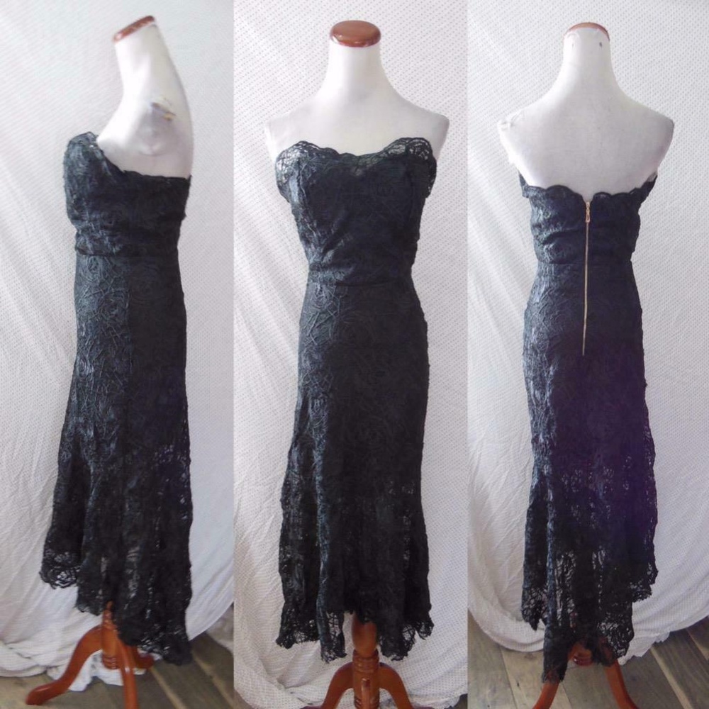 NEW FEW MODA NY Black LACE Strapless RUFFLE HEM High-Low EVENING Midi DRESS S